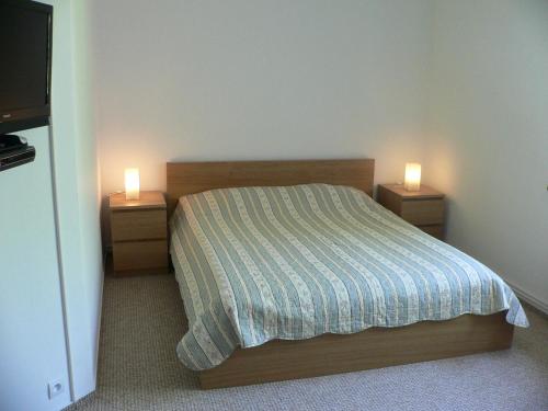 a bedroom with a bed and two night stands with lights at Penzion Speller in Vysoký Újezd