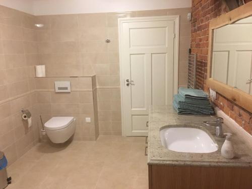 a bathroom with a white sink and a toilet at Ontic Wellness Apartments in Tartu