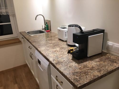 a kitchen counter with a coffee maker and a microwave at Ontic Wellness Apartments in Tartu