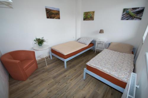 ズノイモにあるChez Martineのベッド2台と椅子が備わる小さな客室です。