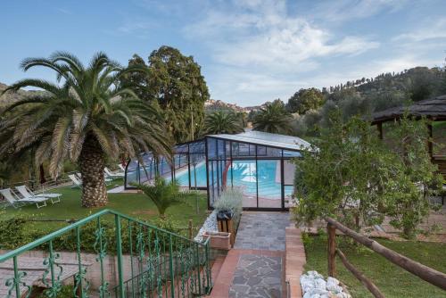 a villa with a pool and a palm tree at Il Castagno Toscana in Campiglia Marittima