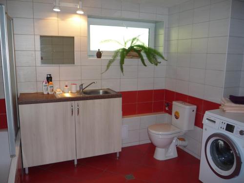 a bathroom with a sink and a washing machine at Venkovská pohoda s výhledem na Beskydy in Vělopolí