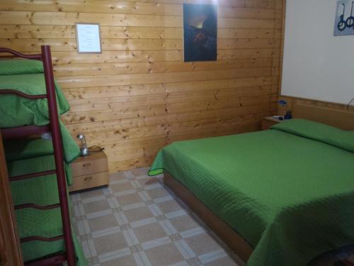 sypialnia z zielonym łóżkiem i drewnianymi ścianami w obiekcie B & B Marcarius w mieście Fluminimaggiore