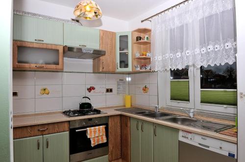 uma cozinha com armários verdes, um lavatório e uma janela em Banana Apartment em Toruń