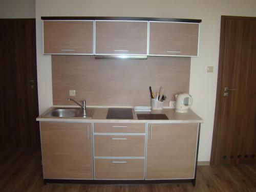 a kitchen with a sink and a counter top at Apartamenty z widokiem na Zalew in Krynica Morska