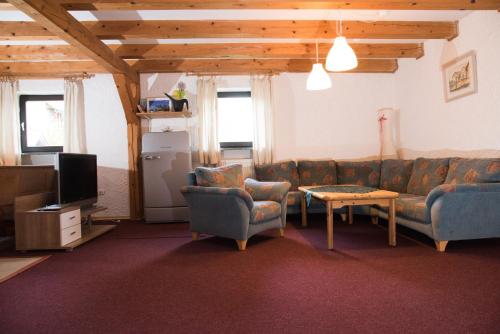 a living room with a couch and chairs and a tv at Urlaub auf dem Weberhof in Waldkirchen
