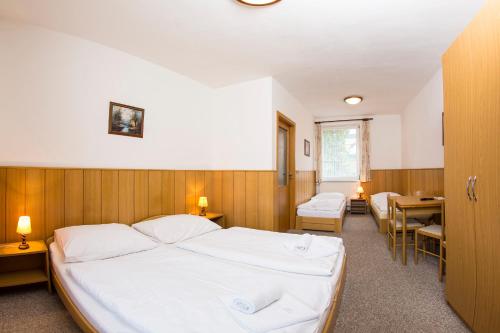 a bedroom with a bed and a table and chairs at Penzion Barborka in Rokytnice nad Jizerou
