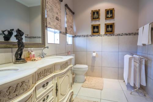 a bathroom with a sink and a toilet and a mirror at La Vida Luka - Luxury Guesthouse in Pretoria