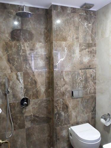 a bathroom with a shower with a toilet and a sink at Семеен хотел Анна-Кристина in Vidin