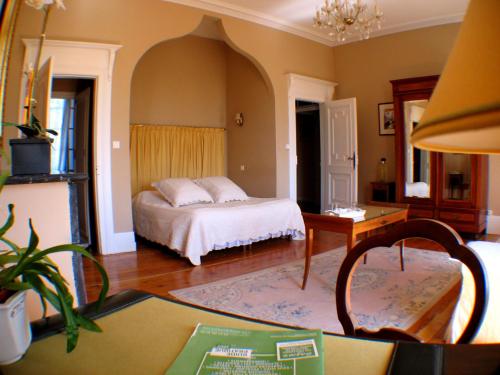 a bedroom with a bed and a desk with a table at Domaine du Pegulier in Montaut-Ariège