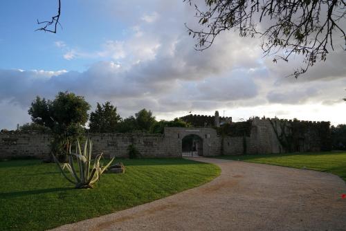 a stone wall with a gate in a park at Masseria Li Reni in Manduria