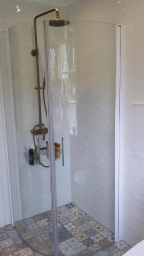 a shower with a glass door in a bathroom at B&B Lilla Lotten in Östersund