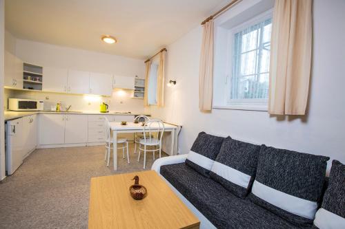 a living room with a couch and a kitchen at Penzion Barborka in Rokytnice nad Jizerou