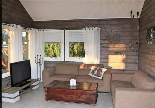 a living room with a couch and a tv at Cabin by the river in Storslett