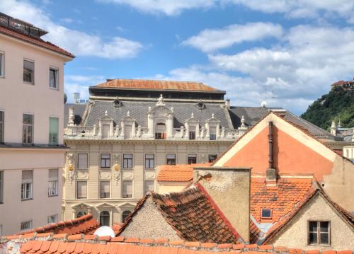 a view of a city with buildings and roofs at Apartment Joanneum in Graz