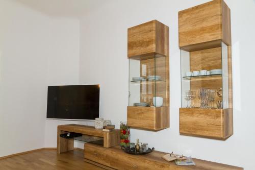 a living room with a television and wooden shelves at Apartment Joanneum in Graz