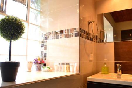 a bathroom with a sink and a potted plant on a shelf at Cabañas Yukatan Lago de Tota in Tota