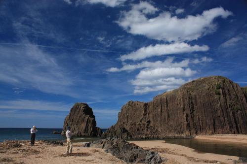 two people flying a kite on the beach at Tango Onsen Hashiudosou in Kyotango