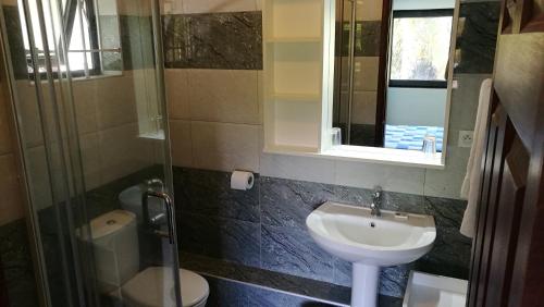 a bathroom with a sink and a toilet and a mirror at Blue Beryl Guest House in Blue Bay