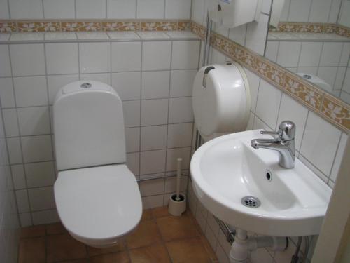 a bathroom with a toilet and a sink at Örnsköldsviks Vandrarhem in Örnsköldsvik