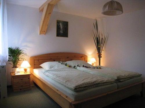 a bedroom with a large bed with two lights on at Kammbaude in Hermsdorf