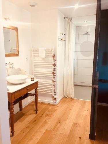 une salle de bain avec un lavabo et une douche dans l'établissement La Sapinière de Vittel, à Vittel