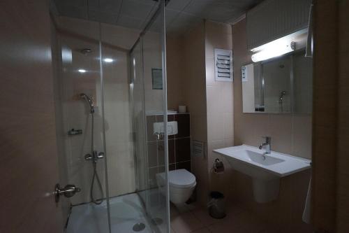 a bathroom with a shower and a toilet and a sink at Yalihan Ari Hotel in Unye