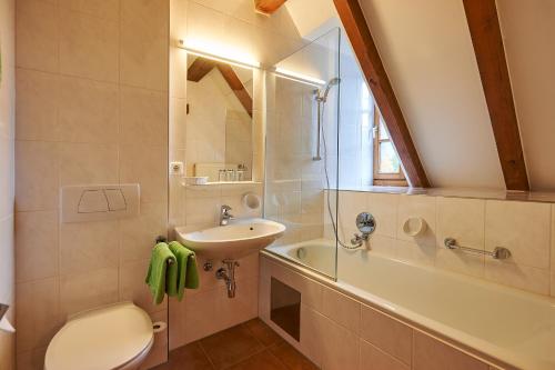 a bathroom with a sink and a toilet and a shower at Seminar- und Gästehaus im Kloster Bezau in Bezau