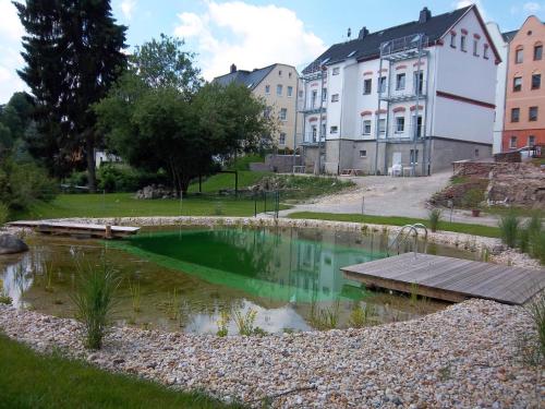 un estanque en un parque con edificios al fondo en Ferienwohnungen Bochmann, en Schneeberg