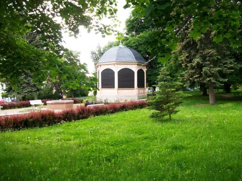 a gazebo in the middle of a grass field at Ferienwohnung am Kurpark in Bad Frankenhausen