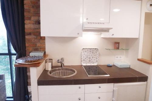 une cuisine avec des armoires blanches et un évier dans l'établissement Apartment Dauphine, à Paris