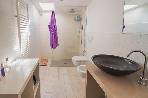 een badkamer met een zwarte wastafel en een toilet bij CentoSETTIMO Cielo in Siena