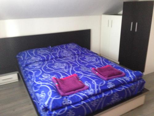 a bed with purple sheets and red pillows on it at Casa Lidia și Gogu in Budeasa Mare