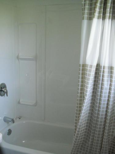 a bathroom with a shower curtain and a tub at Eastwood Motel in Woodstock