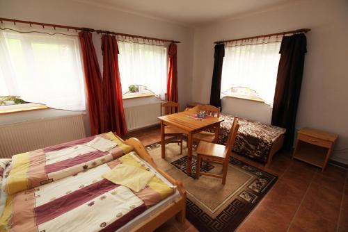 um quarto com uma cama, uma mesa e janelas em Penzion Krasula em Ždiar