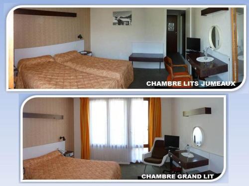 two pictures of a hotel room with two beds at La Darentasia in La Léchère