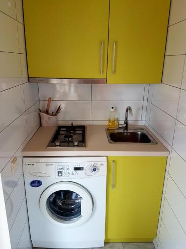 a kitchen with a washing machine and a sink at Lampedziai Apartment in Kaunas
