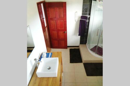 baño con lavabo y puerta roja en Otemanu Ninamu Fare, en Bora Bora