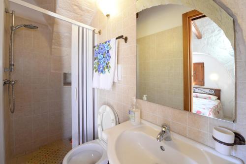 ein Badezimmer mit einem Waschbecken, einem WC und einem Spiegel in der Unterkunft Agriturismo con Trullo in Alberobello
