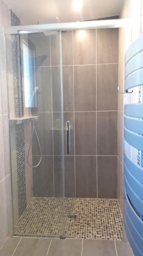 une douche avec une porte vitrée dans une salle de bain dans l'établissement La mouette, à Ploeren