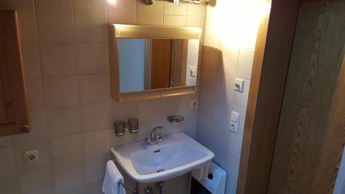 een kleine badkamer met een wastafel en een spiegel bij Ferienwohnungen Felder in Schruns