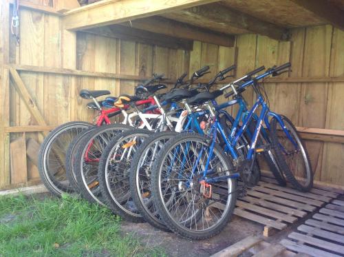 - un groupe de vélos garés à côté d'une clôture dans l'établissement Les Arums de Sanguinet, à Sanguinet