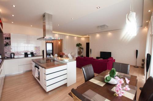 Prestige apartment في كومارنو: مطبخ وغرفة معيشة مع أريكة حمراء