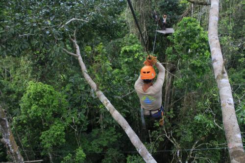 a man on a zip line in the trees at Avatar Amazon Lodge & Canopy Park in Santa Teresa