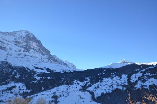 a mountain covered in snow with a river in the foreground at Apartment Paradise - GRIWA RENT AG in Grindelwald