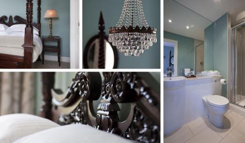 a collage of four pictures of a bedroom with a chandelier at The Bridge Inn in Ratho