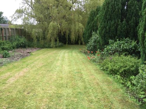 a garden with a grass field and trees and flowers at Wrangham House in Filey