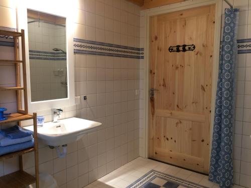 a bathroom with a sink and a wooden door at Elferink Hoeve in Woudenberg