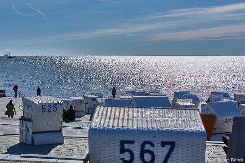 a group of blue chairs on a pier near the water at Hotel Schelf GmbH & Co. KG in Büsum