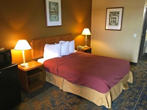 リボニアにあるAmericas Best Value Inn-Livonia/Detroitの赤いシーツと枕付きのベッドが備わるホテルルームです。